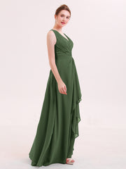 V-neck Chiffon Bridesmaid Gown with Cascade Skirt Olive Green
