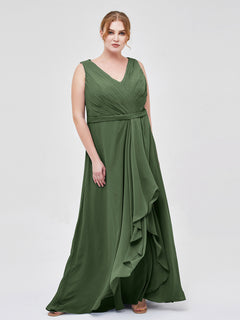 V-neck Chiffon Bridesmaid Gown with Cascade Skirt Olive Green Plus Size