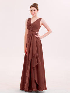 V-neck Chiffon Bridesmaid Gown with Cascade Skirt Terracotta