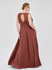 V-neck Chiffon Bridesmaid Gown with Cascade Skirt Terracotta Plus Size