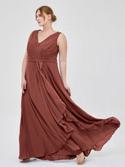 V-neck Chiffon Bridesmaid Gown with Cascade Skirt Terracotta Plus Size