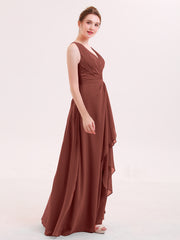 V-neck Chiffon Bridesmaid Gown with Cascade Skirt Terracotta