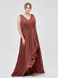 V-neck Chiffon Bridesmaid Gown with Cascade Skirt Terracotta Plus Size