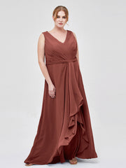 V-neck Chiffon Bridesmaid Gown with Cascade Skirt Terracotta