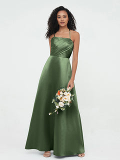 Spaghetti Straps Pleated Bodice Satin Gowns Olive Green