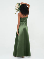 Spaghetti Straps Pleated Bodice Satin Gowns Olive Green
