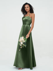 Spaghetti Straps Pleated Bodice Satin Gowns-Olive Green Plus Size