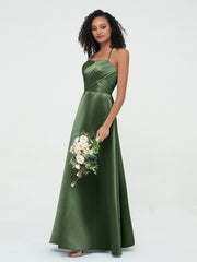 Spaghetti Straps Pleated Bodice Satin Gowns Olive Green