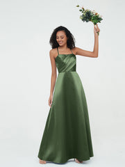 Spaghetti Straps Pleated Bodice Satin Gowns Olive Green