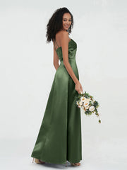 Spaghetti Straps Pleated Bodice Satin Gowns Olive Green