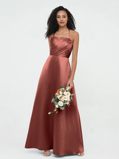 Spaghetti Straps Pleated Bodice Satin Gowns-Terracotta