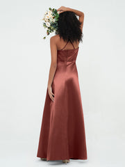 Spaghetti Straps Pleated Bodice Satin Gowns-Terracotta Plus Size