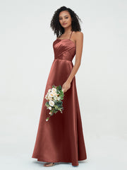 Spaghetti Straps Pleated Bodice Satin Gowns-Terracotta