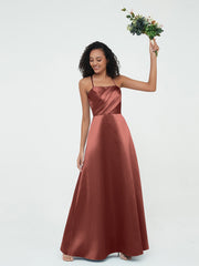 Spaghetti Straps Pleated Bodice Satin Gowns-Terracotta