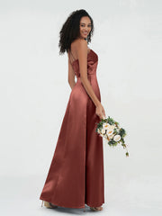 Spaghetti Straps Pleated Bodice Satin Gowns-Terracotta