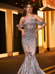 Shimmering Rhinestone-Covered Mermaid Evening Gown Silver