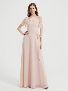 Y-neck Flutter Sleeves Long Bridesmaid Dresses Pearl Pink