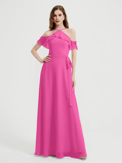 Y-neck Flutter Sleeves Long Bridesmaid Dresses Azalea