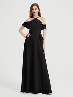 Y-neck Flutter Sleeves Long Bridesmaid Dresses Black