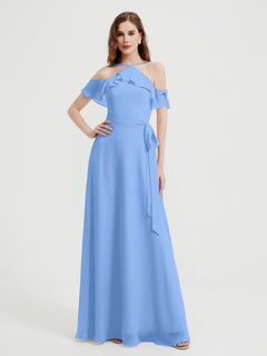 Y-neck Flutter Sleeves Long Bridesmaid Dresses Blue