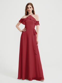 Y-neck Flutter Sleeves Long Bridesmaid Dresses Burgundy Plus Size