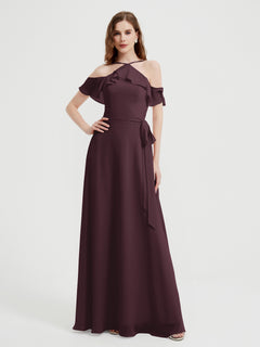 Y-neck Flutter Sleeves Long Bridesmaid Dresses Cabernet Plus Size