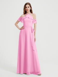 Y-neck Flutter Sleeves Long Bridesmaid Dresses Candy Pink