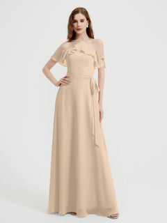 Y-neck Flutter Sleeves Long Bridesmaid Dresses Champagne