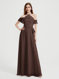 Y-neck Flutter Sleeves Long Bridesmaid Dresses Chocolate Plus Size