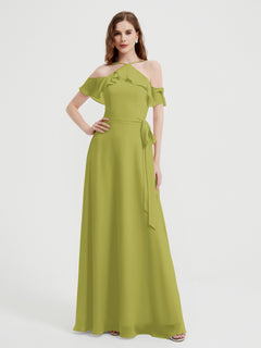 Y-neck Flutter Sleeves Long Bridesmaid Dresses Clover