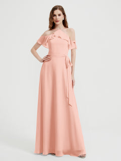 Y-neck Flutter Sleeves Long Bridesmaid Dresses Coral