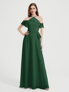 Y-neck Flutter Sleeves Long Bridesmaid Dresses Dark Green Plus Size