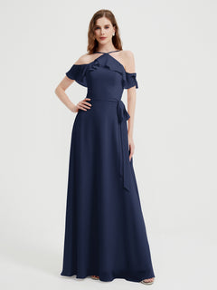 Y-neck Flutter Sleeves Long Bridesmaid Dresses Dark Navy Plus Size