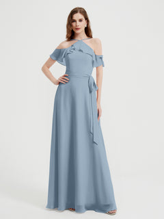 Y-neck Flutter Sleeves Long Bridesmaid Dresses Dusty Blue