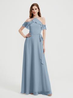 Y-neck Flutter Sleeves Long Bridesmaid Dresses Dusty Blue Plus Size