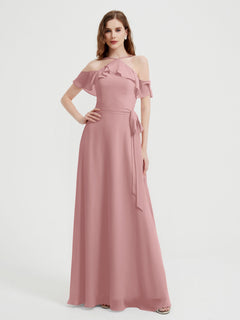 Y-neck Flutter Sleeves Long Bridesmaid Dresses Dusty Rose