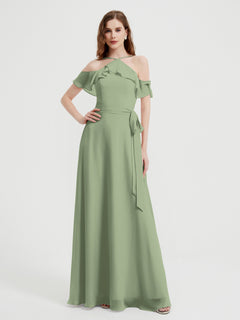 Y-neck Flutter Sleeves Long Bridesmaid Dresses Dusty Sage