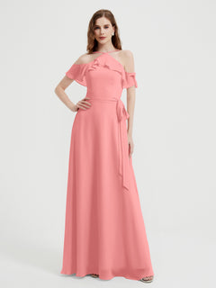 Y-neck Flutter Sleeves Long Bridesmaid Dresses Flamingo Plus Size