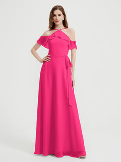 Y-neck Flutter Sleeves Long Bridesmaid Dresses Fuchsia