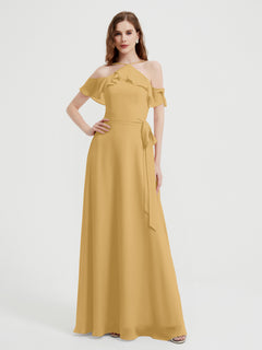 Y-neck Flutter Sleeves Long Bridesmaid Dresses Gold