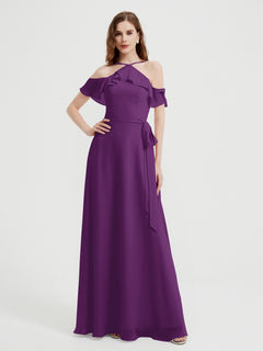 Y-neck Flutter Sleeves Long Bridesmaid Dresses Grape