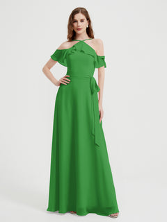 Y-neck Flutter Sleeves Long Bridesmaid Dresses Green