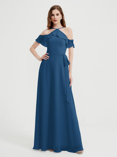 Y-neck Flutter Sleeves Long Bridesmaid Dresses Ink Blue Plus Size