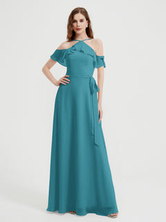 Y-neck Flutter Sleeves Long Bridesmaid Dresses Jade