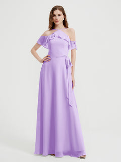 Y-neck Flutter Sleeves Long Bridesmaid Dresses Lilac