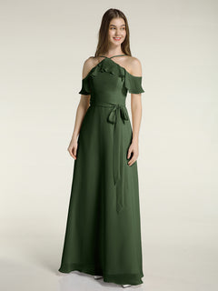 Y-neck Flutter Sleeves Long Bridesmaid Dresses Olive Green