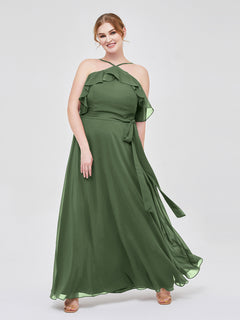 Y-neck Flutter Sleeves Long Bridesmaid Dresses Olive Green Plus Size