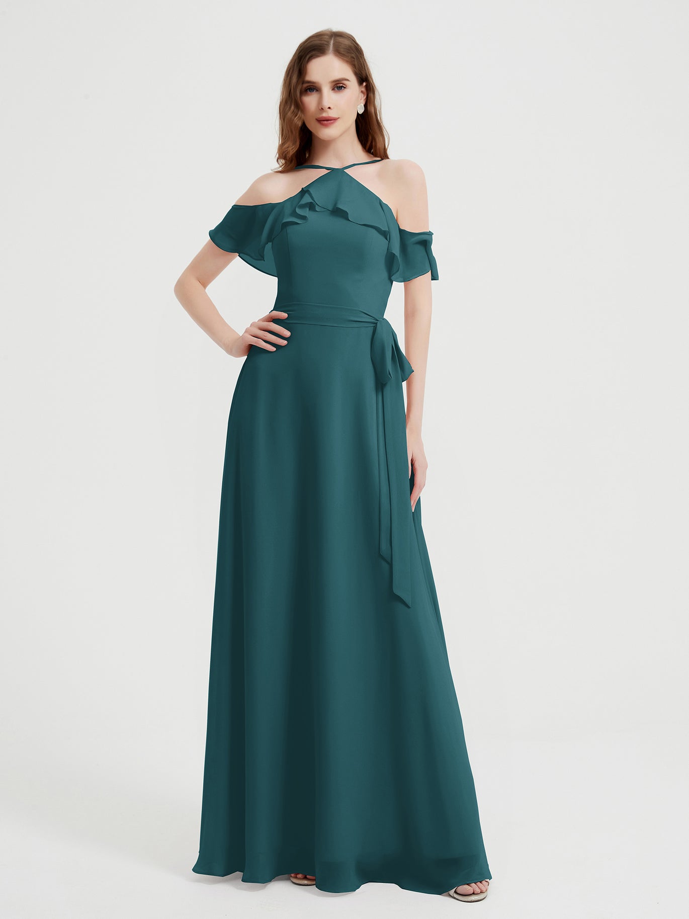 BABARONI Chiffon Peacock Bridesmaid Dresses Halter Floor-length Spaghetti Straps Belt A-line, Peacock / US0