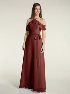 Y-neck Flutter Sleeves Long Bridesmaid Dresses Terracotta