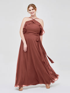 Y-neck Flutter Sleeves Long Bridesmaid Dresses Terracotta Plus Size